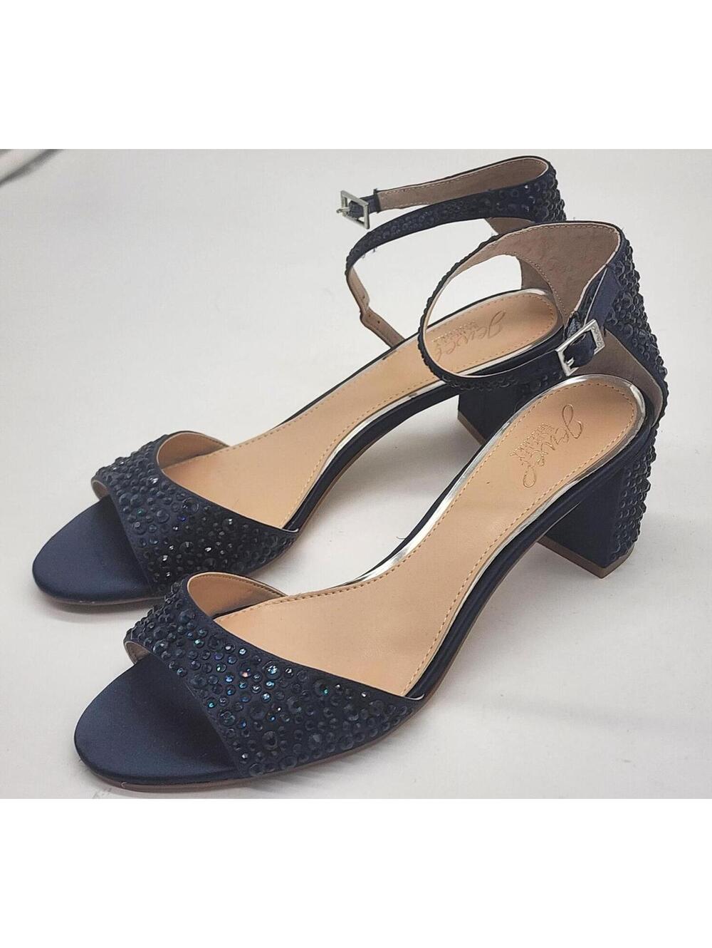 Badgley Mischka Navy Crystal Evening Sandals Block Heel Ankle Strap Size 10